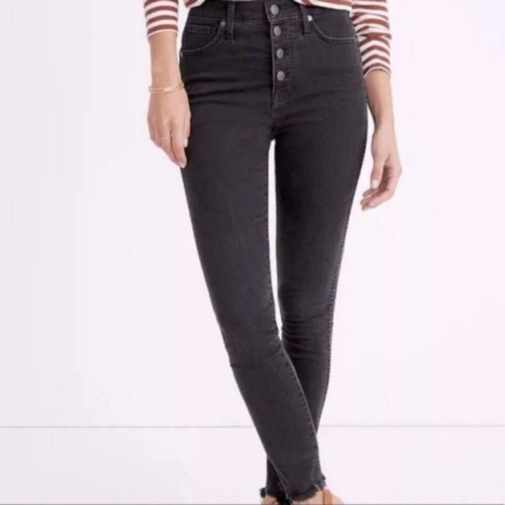 Madewell 10" High Rise Jeans Faded Black Exposed Button Fly Raw Hem Denim 26 - Picture 2 of 13